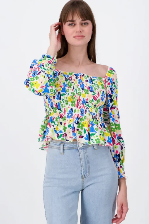Blusa Manga Larga Abullonada Estampado Flores