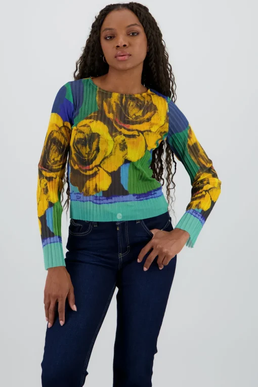 Blusa mesh estampado flores digital