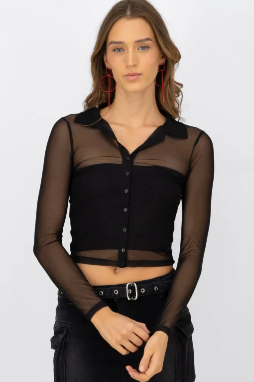 Camisa de mesh de manga larga ocn botones