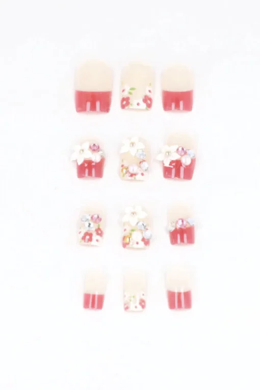 Set 12 uñas postizas flores brillo