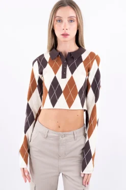 Top crop cuello tejido rombos