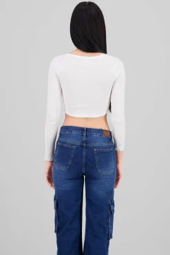 Top manga larga escote cuadrado con broches