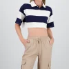 T-shirt crop cuello polo detalle rayas