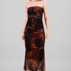Vestido maxi mesh drapeado strapples