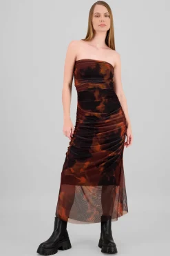 Vestido maxi mesh drapeado strapples
