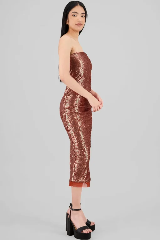 Vestido midi strapless lentejuelas