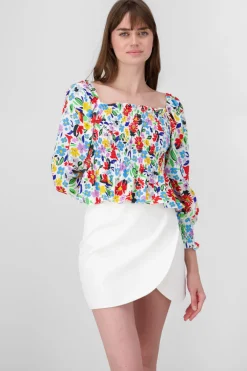 Blusa Manga Larga Abullonada Estampado Flores