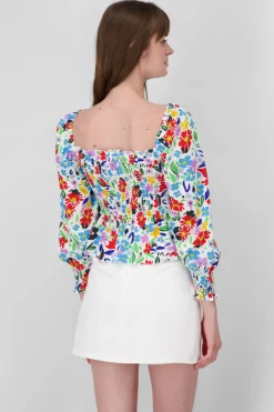 Blusa Manga Larga Abullonada Estampado Flores