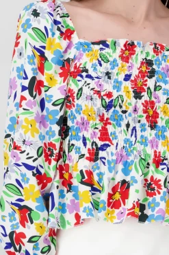 Blusa Manga Larga Abullonada Estampado Flores