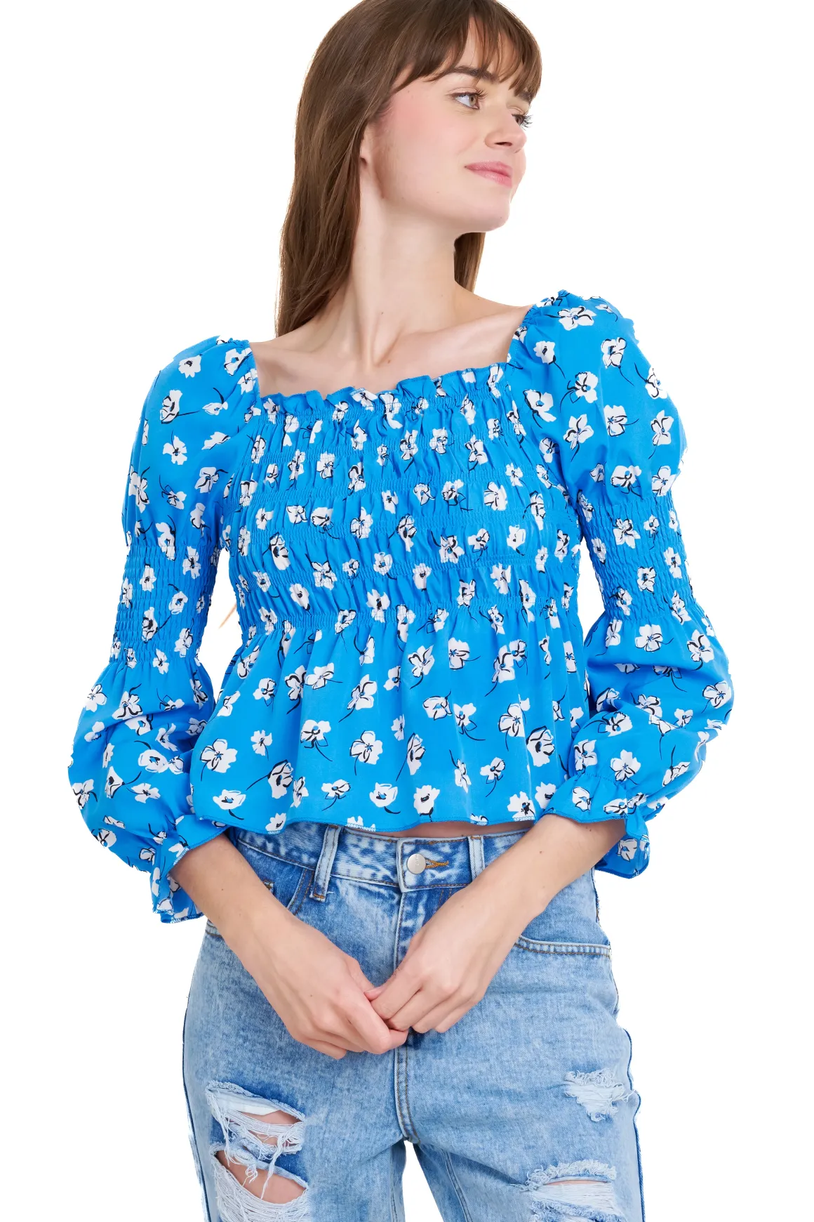 Blusa manga larga escote cuadrado detalle ligas