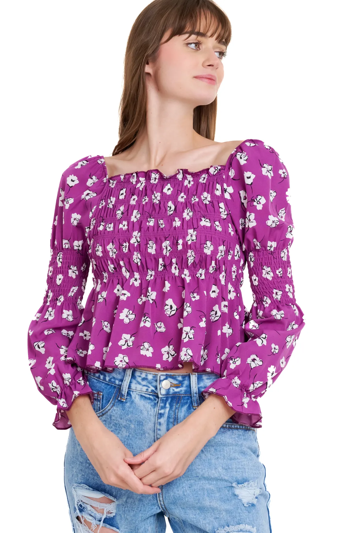 Blusa manga larga escote cuadrado detalle ligas