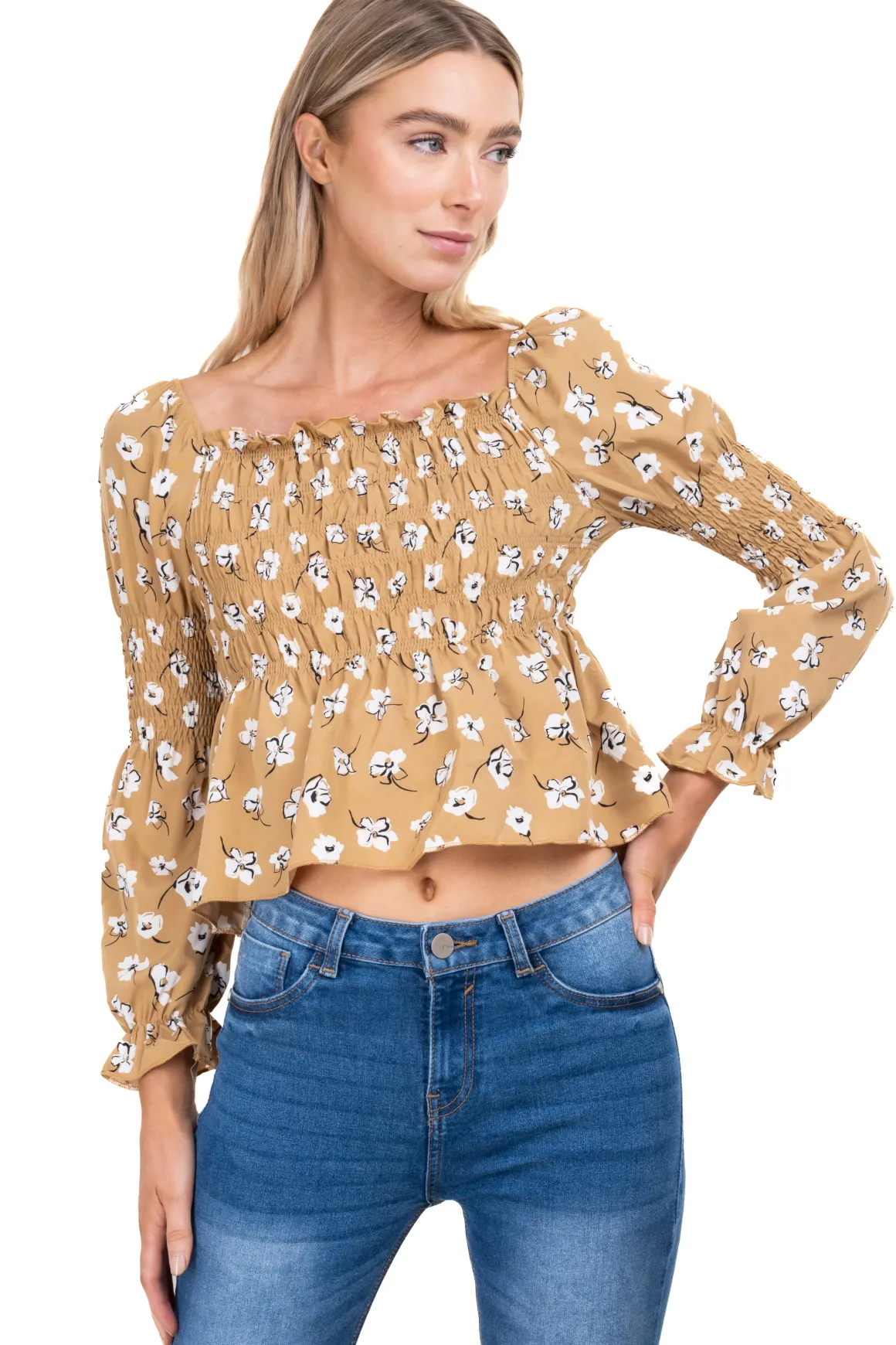 Blusa manga larga escote cuadrado detalle ligas