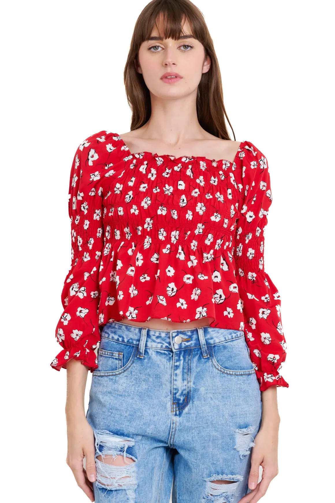 Blusa manga larga escote cuadrado detalle ligas