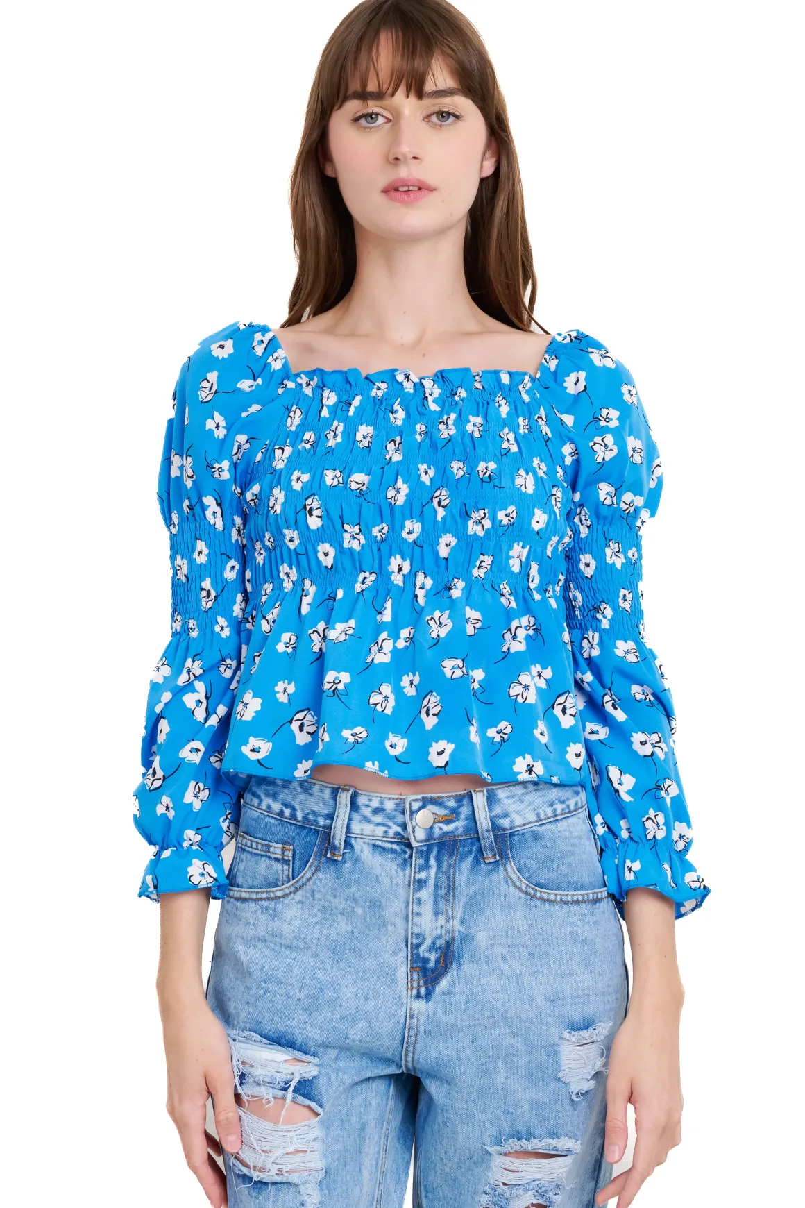 Blusa manga larga escote cuadrado detalle ligas