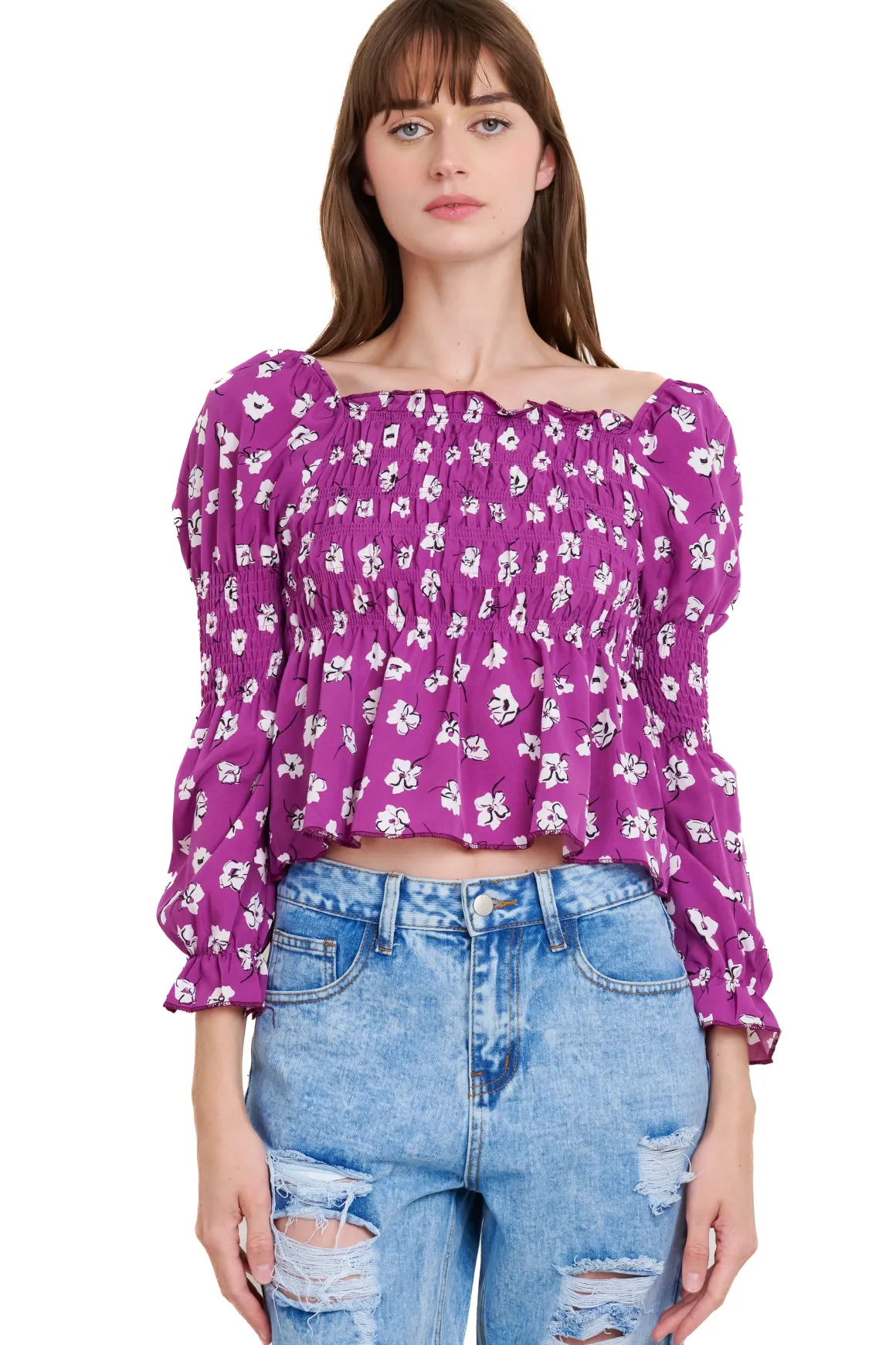 Blusa manga larga escote cuadrado detalle ligas