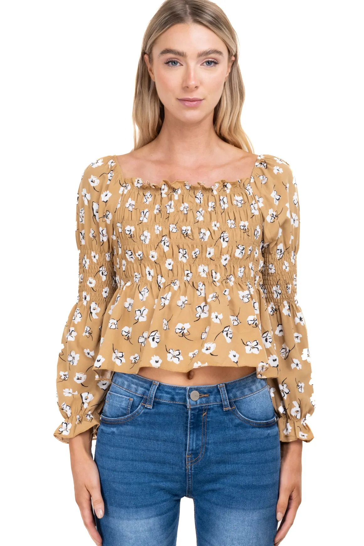 Blusa manga larga escote cuadrado detalle ligas