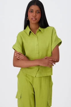 Camisa Crop Manga Corta Lino