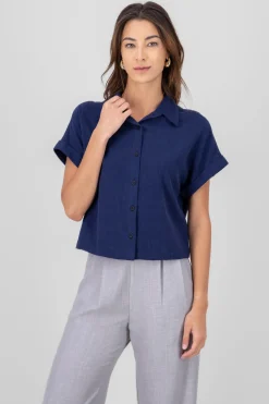 Camisa crop manga corta lino