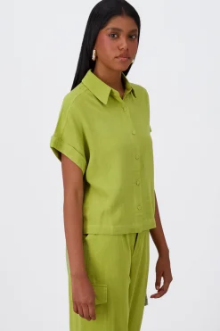 Camisa Crop Manga Corta Lino