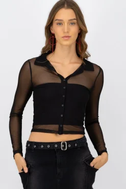 Camisa de mesh de manga larga ocn botones