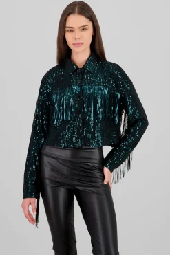 Chamarra vaquera flecos brillos