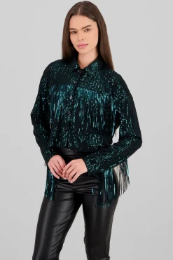 Chamarra vaquera flecos brillos