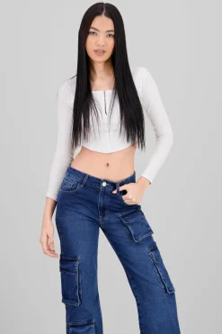 Top manga larga escote cuadrado con broches