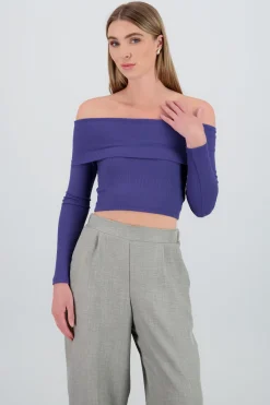 Top off shoulder manga larga rib
