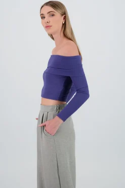 Top off shoulder manga larga rib