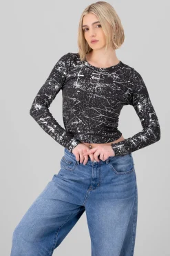 Top rib manga larga detalle foil