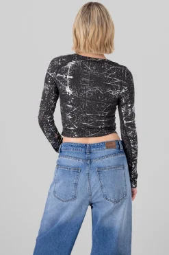 Top rib manga larga detalle foil