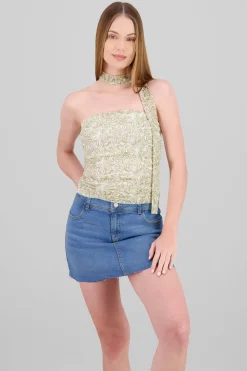 Top strapless drapeado mesh detalle bufanda