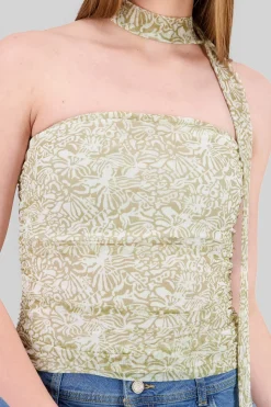 Top strapless drapeado mesh detalle bufanda