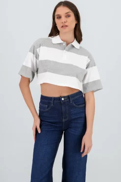 T-shirt crop cuello polo detalle rayas