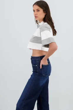 T-shirt crop cuello polo detalle rayas