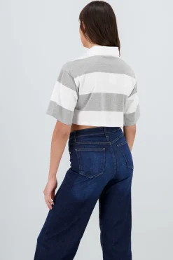 T-shirt crop cuello polo detalle rayas