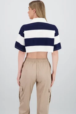 T-shirt crop cuello polo detalle rayas