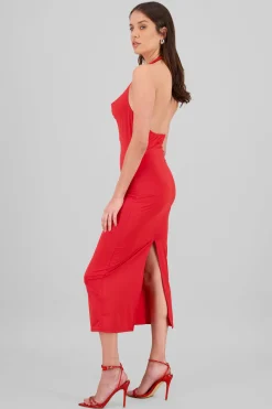 Vestido maxi cuello halter cascada