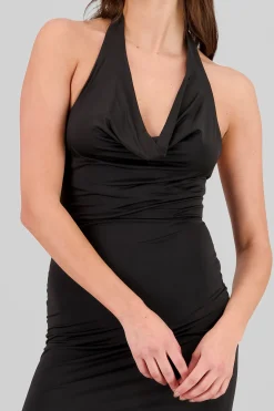 Vestido maxi cuello halter cascada