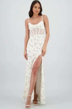 Vestido maxi de encaje con flores y varillas