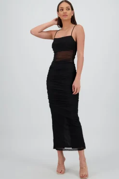 Vestido maxi drapeado mesh