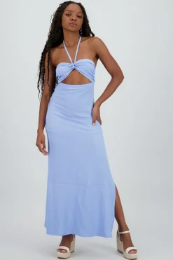 Vestido maxi halter textura cutout
