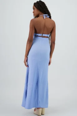 Vestido maxi halter textura cutout