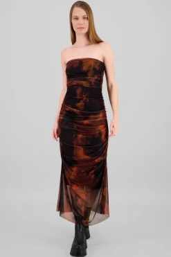 Vestido maxi mesh drapeado strapples