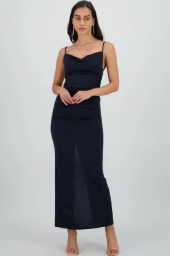 Vestido maxi mesh drapeado tirantes