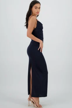 Vestido maxi mesh drapeado tirantes
