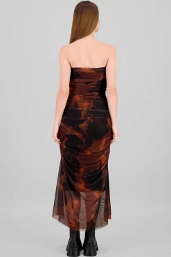 Vestido maxi mesh drapeado strapples