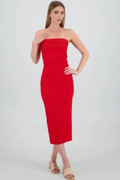 Vestido maxi strapless drapeado hypsters