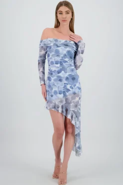 Vestido midi asimetrico sin hombros flores