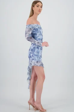 Vestido midi asimetrico sin hombros flores